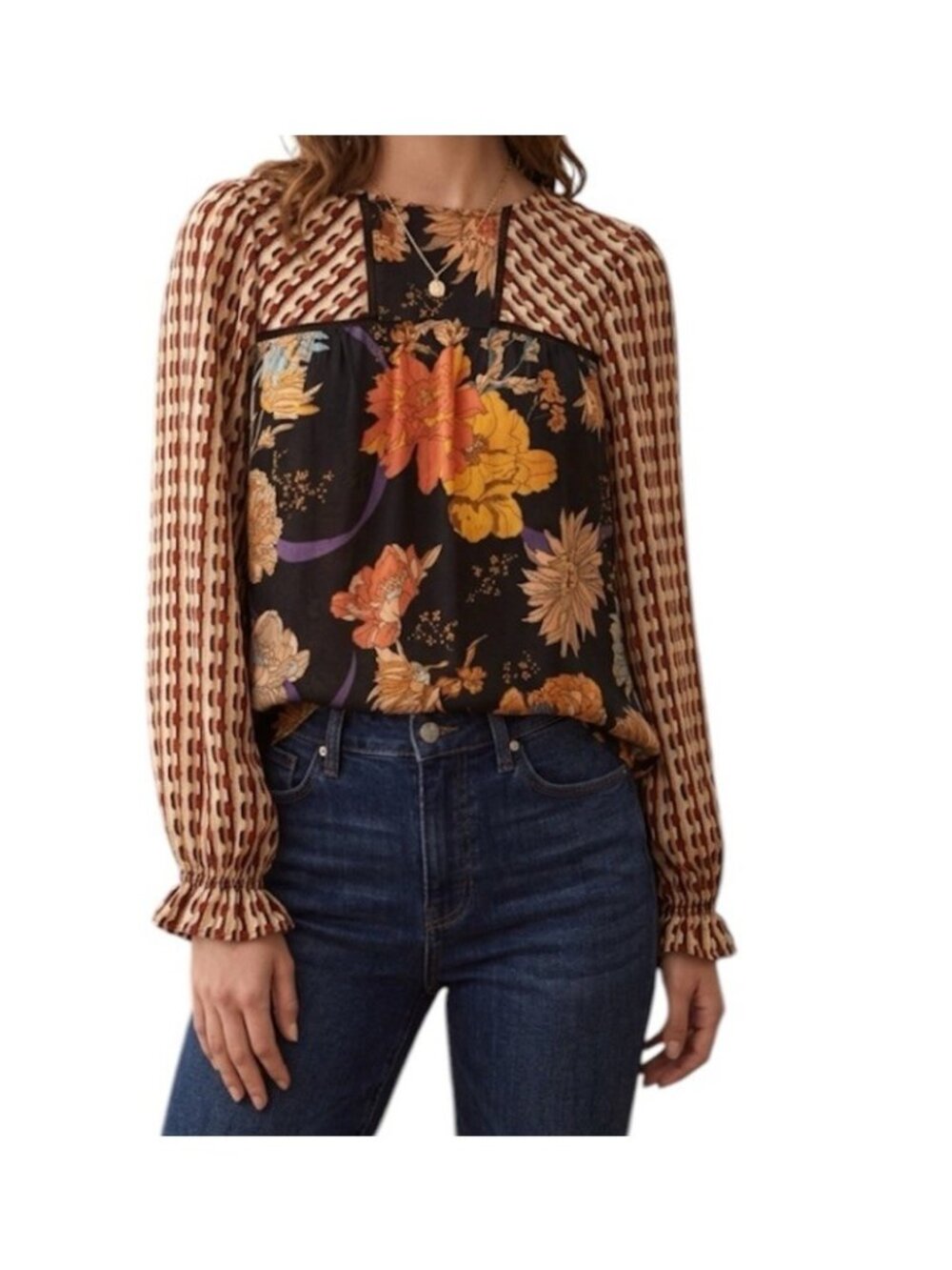 Fate Brown Mixed Media Boho Peasant Prairie Career Wear Blouse Size Small